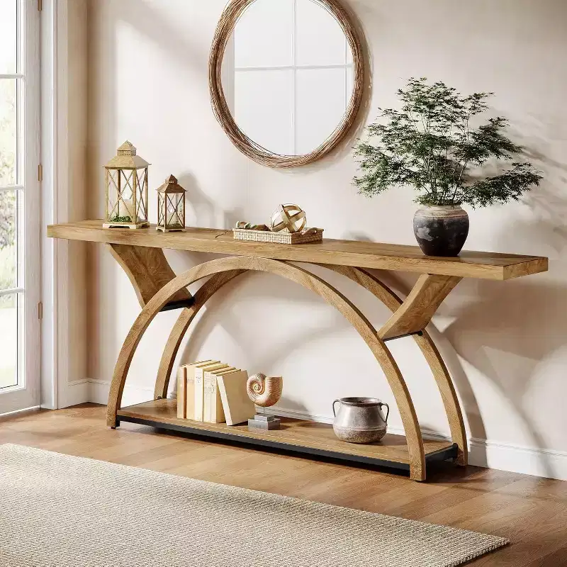 70.87" Industrial Console Sofa Table with 2-Tier Storage Shelves, Light Brown