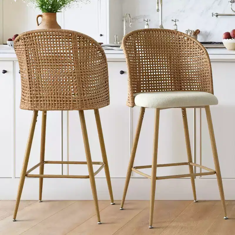 Set of 2 Natural Rattan Bar Stools, 29 Bar Height Boho Upholstered High Chairs with Woven Back - Panipeachy