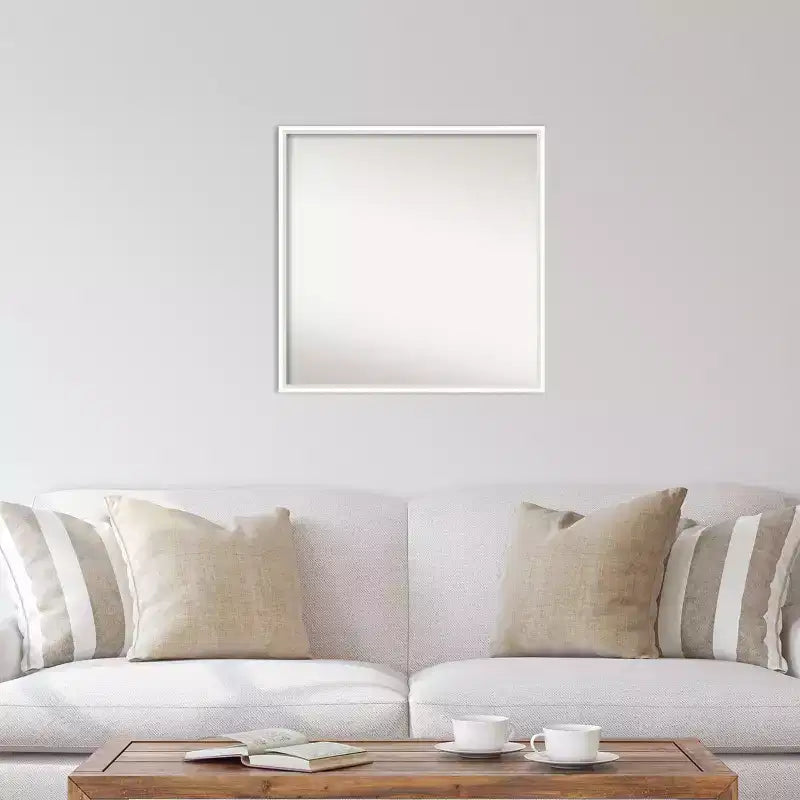 27" x 27" Non-Beveled White Wood Wall Mirror, Modern Square