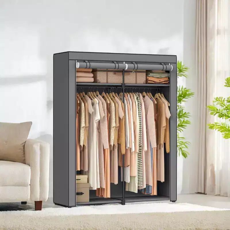 55.1 x 16.9 x 68.5 Inches Portable Clothes Storage Organizer, Non-Woven Fabric Covered Wardrobe Closet with Clothes Rail Gray