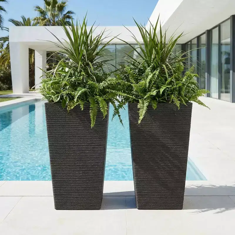 2 Pack Square Planters for Outdoor Indoor Plants Woven Texture Flower Pots with Drainage Holes All-Weather Resistant Fade & Scratch Proof Plant Pots