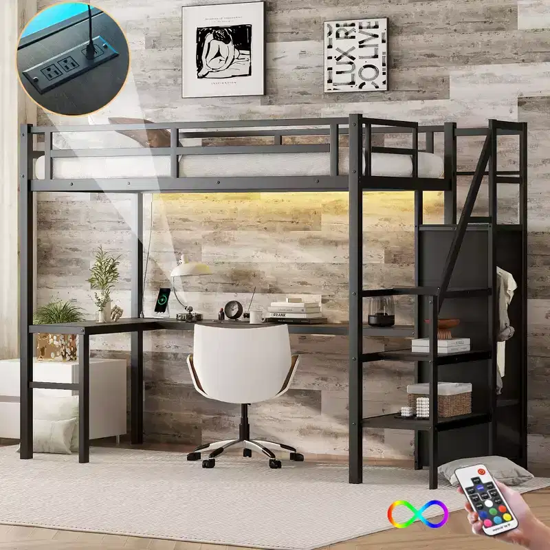 Twin XL Loft Bed with L-Shaped Desk, Wardrobe, Stairs, USB, LED & Storage Shelves &ndash; Black