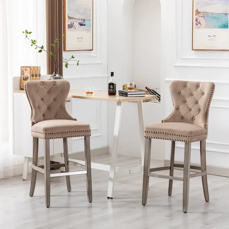 Wingback Tufted Nailhead Bar Stool (Set of 2), Antique Grey Legs