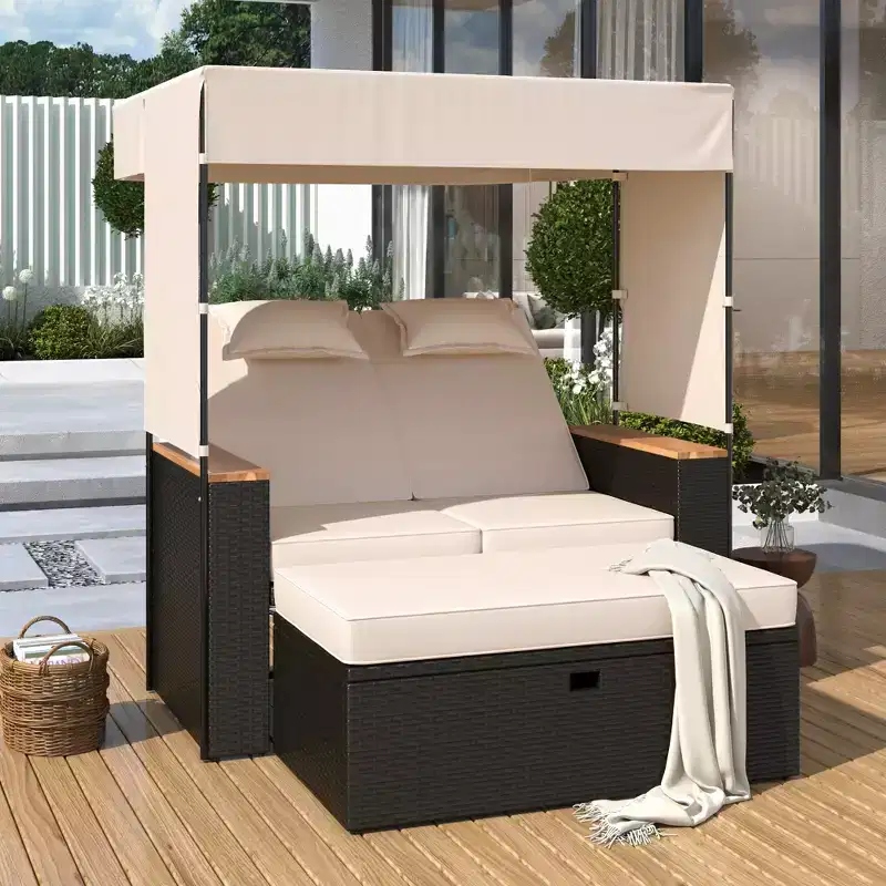 Clihome 2-Piece Outdoor Rattan Daybed, Outdoor Bed with 5 Positions, Outdoor Loveseat Patio Sofa with Bench Lounge Roof Set and Cushions for Poolside