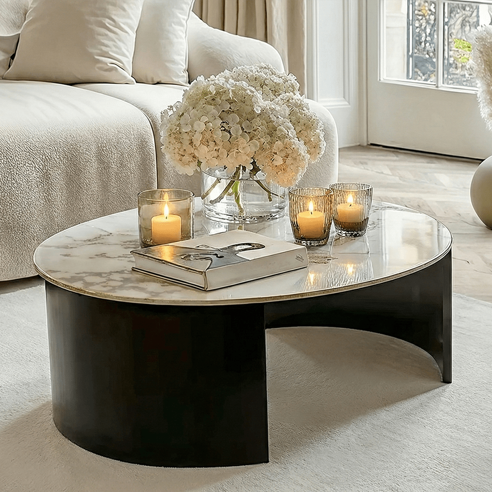 Black Curved Coffee Table with Marble Top