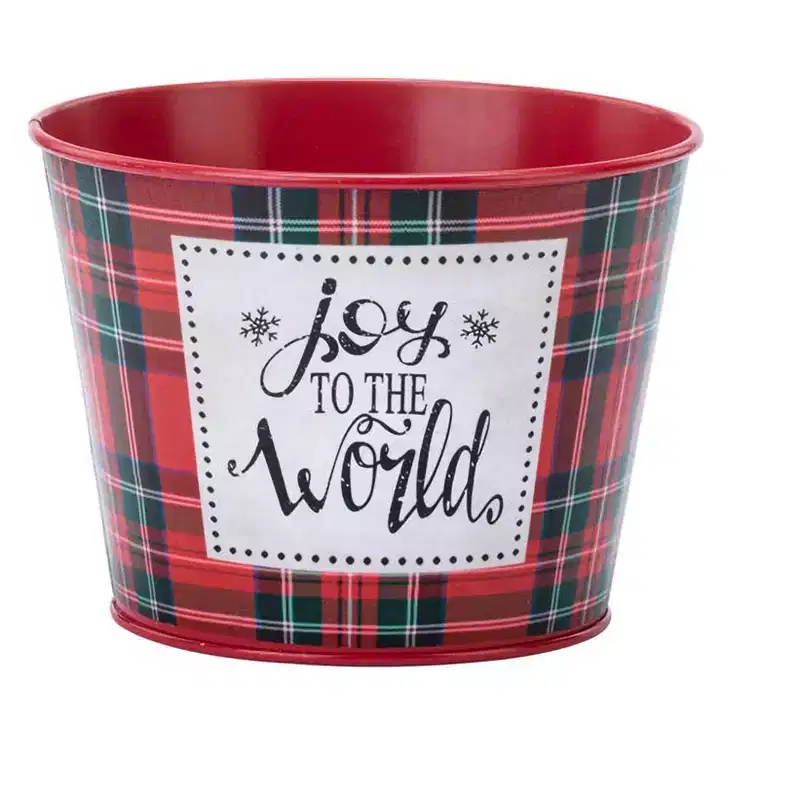 Napco 5 inch Rustic Metal Joy to The World Plaid Pot Cover Festive Christmas Home & Garden Holiday Decor