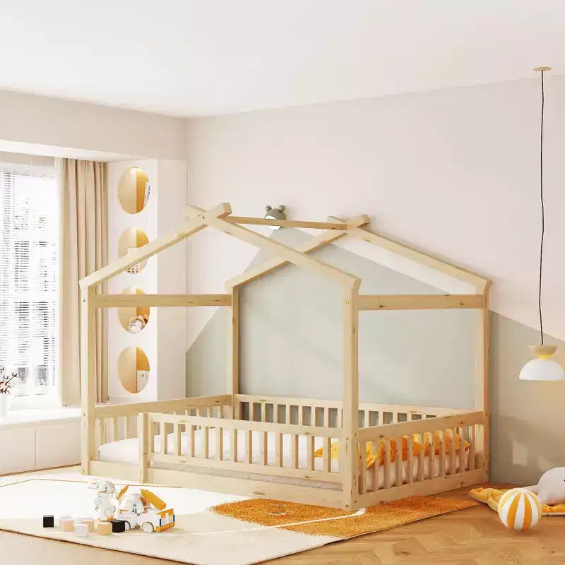 Full Size Montessori House Floor Bed Frame with Fence & Roof, Kids Playhouse Bed, Natural Wood