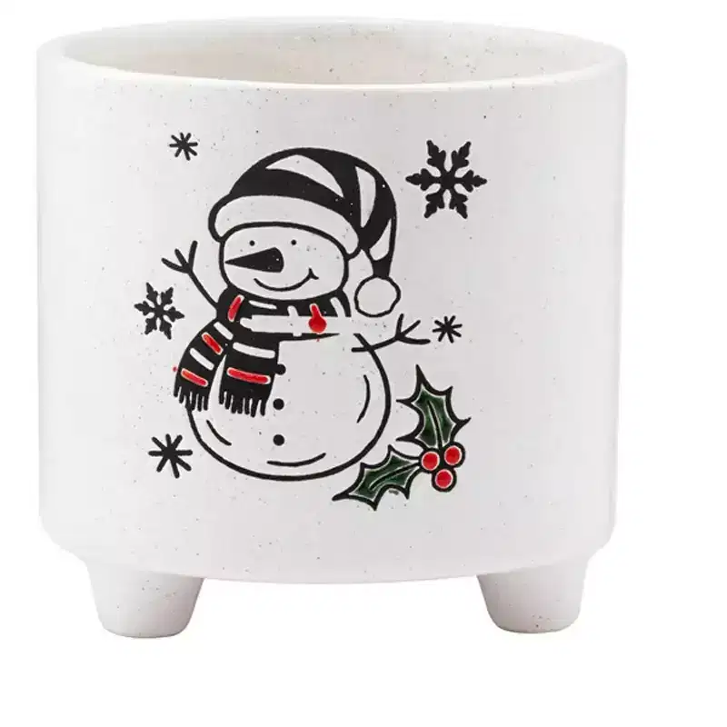 Napco Whimsical Snowman Ceramic Planter Pot with Feet 4 Inch Tall White & Black Festive Dcor for Indoor Plants, Succulents, Herbs