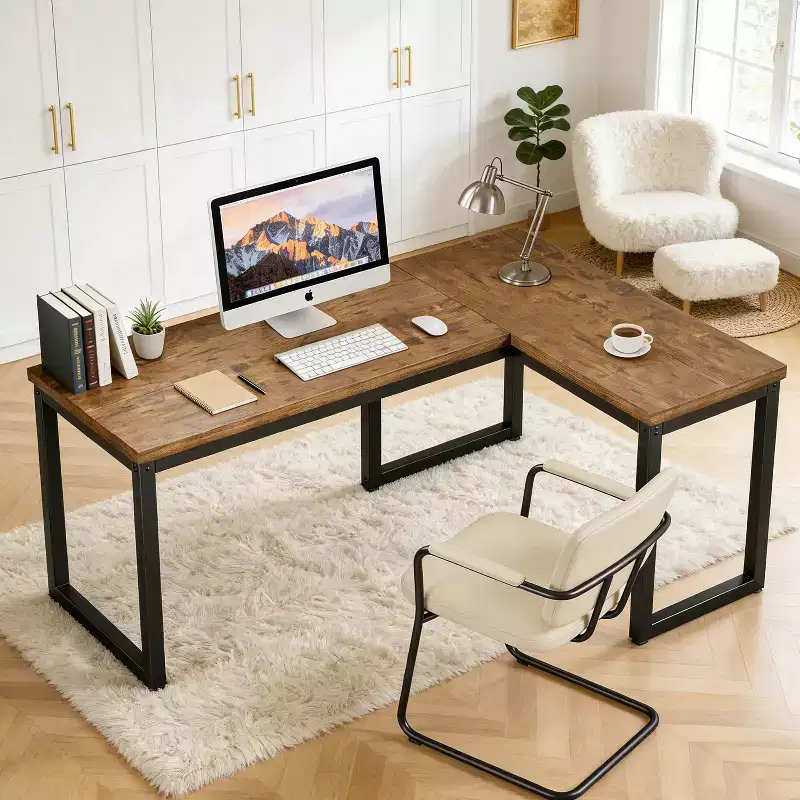 66-Inch L-Shaped Corner Computer Desk with Extra-Thick Desktop and Heavy-Duty Metal Frame, Rustic Brown