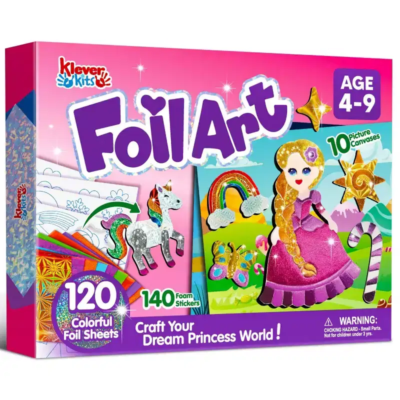 Klever Kits Princess Foil Art Kit - Mess-Free Coloring Foil Foam Stickers, Arts & Crafts, Travel Toys, Birthday Christmas Gift for Girls Boys Age 4+