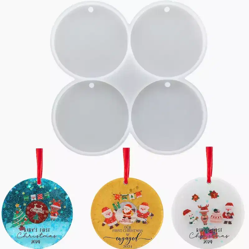 JDICTION 4-Cavity Christmas Ornament Resin Molds with Hole Round Silicone Coaster Molds for Epoxy Crafts and Tree Decorations