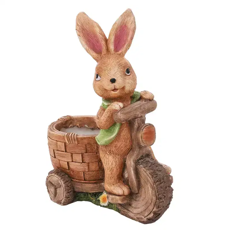 LuxenHome 20.5 H Bunny Rabbit on a Bicycle Statue Planter Outdoor Indoor Plant Pot MgO Pot Planter Brown