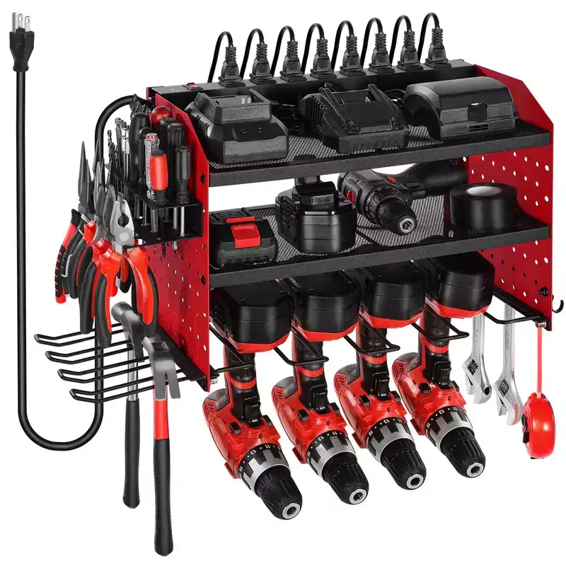 VEVOR Power Tool Organizer with Charging Station, 3-Layer Drill Storage Rack with 4 Drill Holders & Side Pegboard, Red+Black