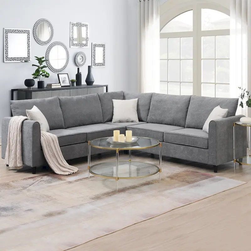 L-Shape Sectional Sofa with 3 Pillows, Gray Polyester Upholstery, 91" x 91"
