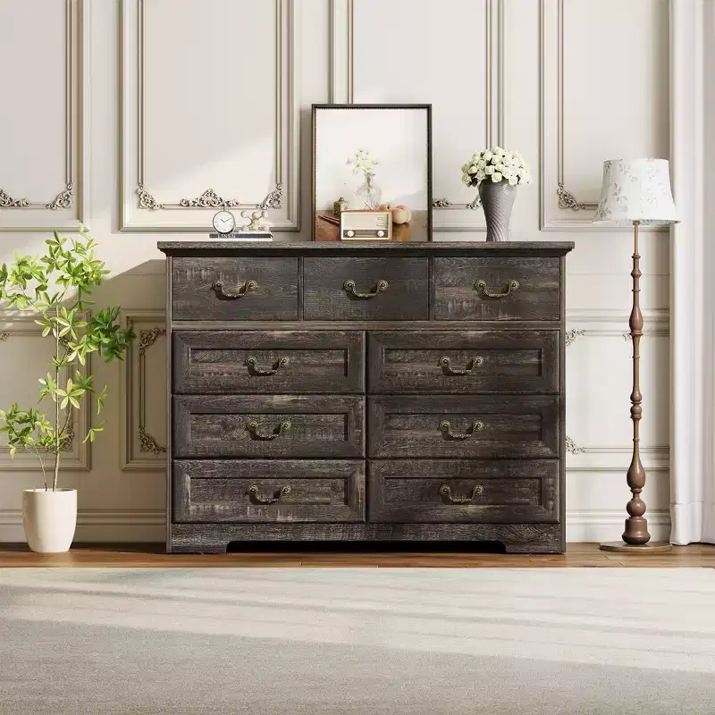 47 in 9-Drawer Wide Dressers Wood Vintage Chest of Drawers with Natural Texture and Vintage Gold Floral Handles, Farmhouse Storage for Hallway