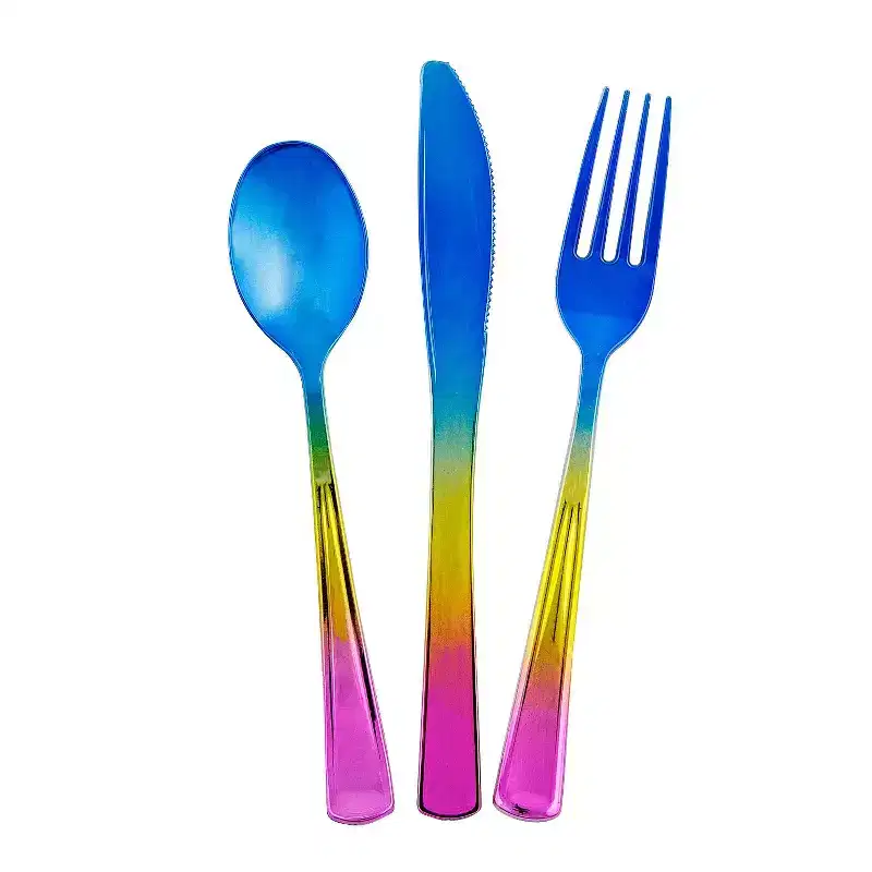 7 Rainbow Metallic Fork, Knife and Spoon Plastic Cutlery Sets - 24 Ct.