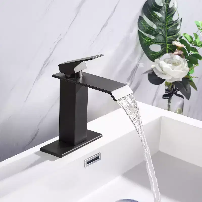 Okak Waterfall Spout Bathroom Sink Faucet, Modern 1 Hole Bathroom Faucet with 1 Handle, Widespread Bathroom Faucet for Home