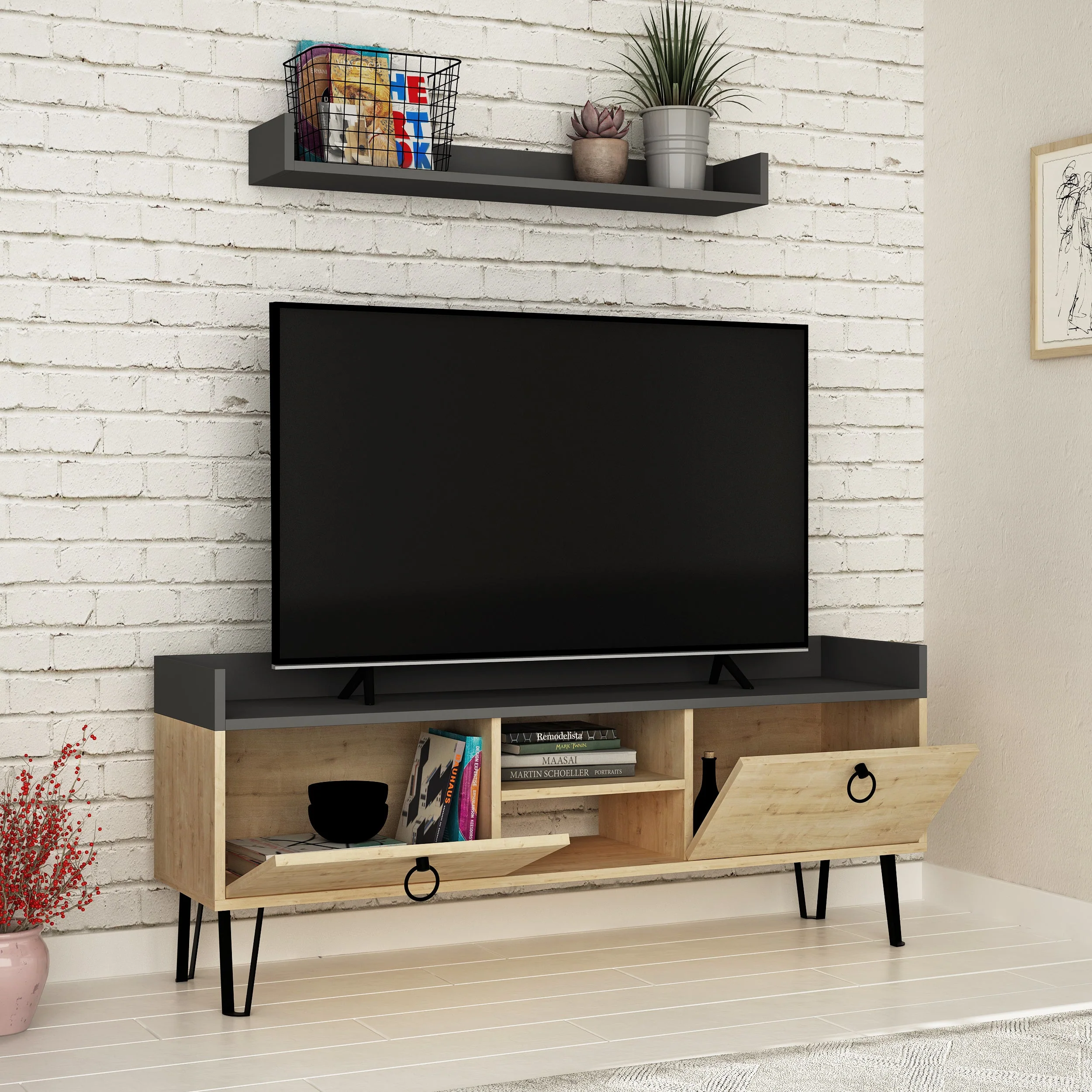 Modern TV Stand Multimedia Centre With Wall Shelf Unit 140cm