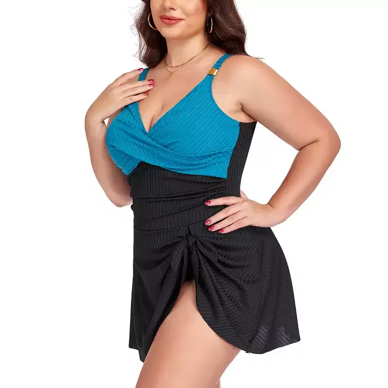 Plus Size Ribbed Colorblock Twist Front Swim Dress One Piece Swimsuit