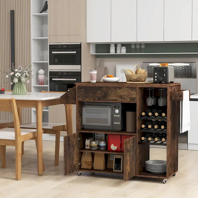 Kitchen Island Cart &ndash; White / Brown / Black, Drop-Leaf, Power Outlet, Wine Rack, Microwave Shelf, Casters