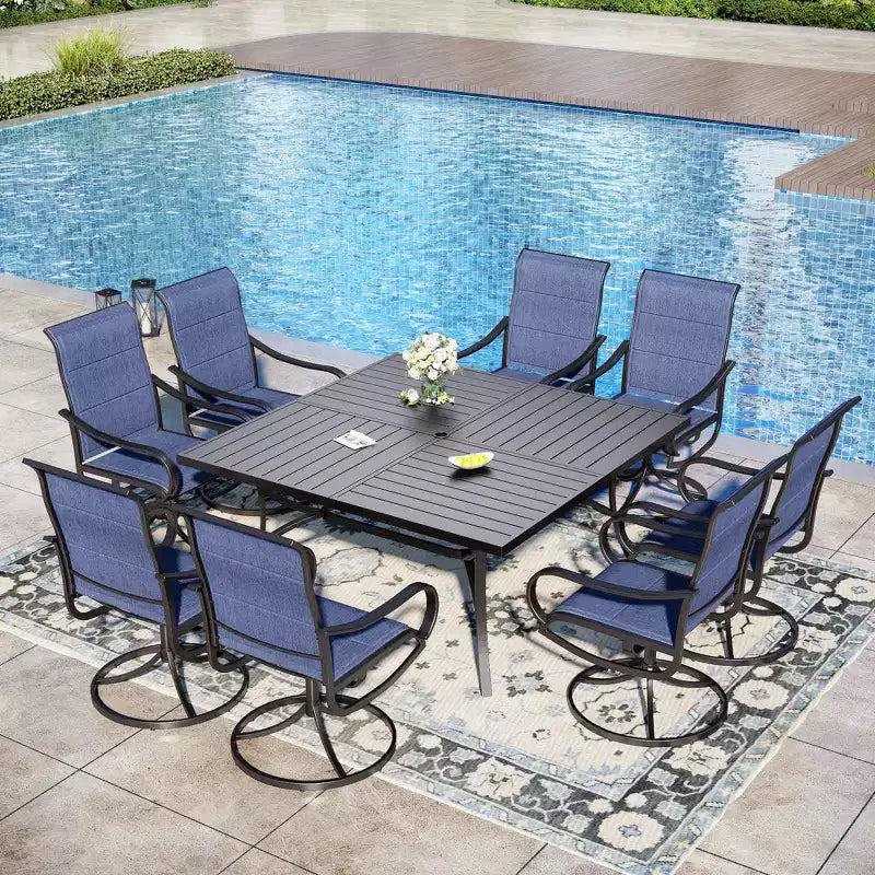 Captiva Designs 9pc Spacious Slat-top Square Metal Table with Umbrella Hole & Padded Textilene Swivel Chairs