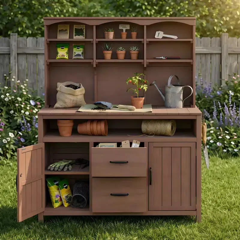 Outdoor Potting Bench with Hutch, Multi-Shelf Fir Wood Garden Workstation, Patio Kitchen Island, Cabinets, Large Countertop-Panipeachy