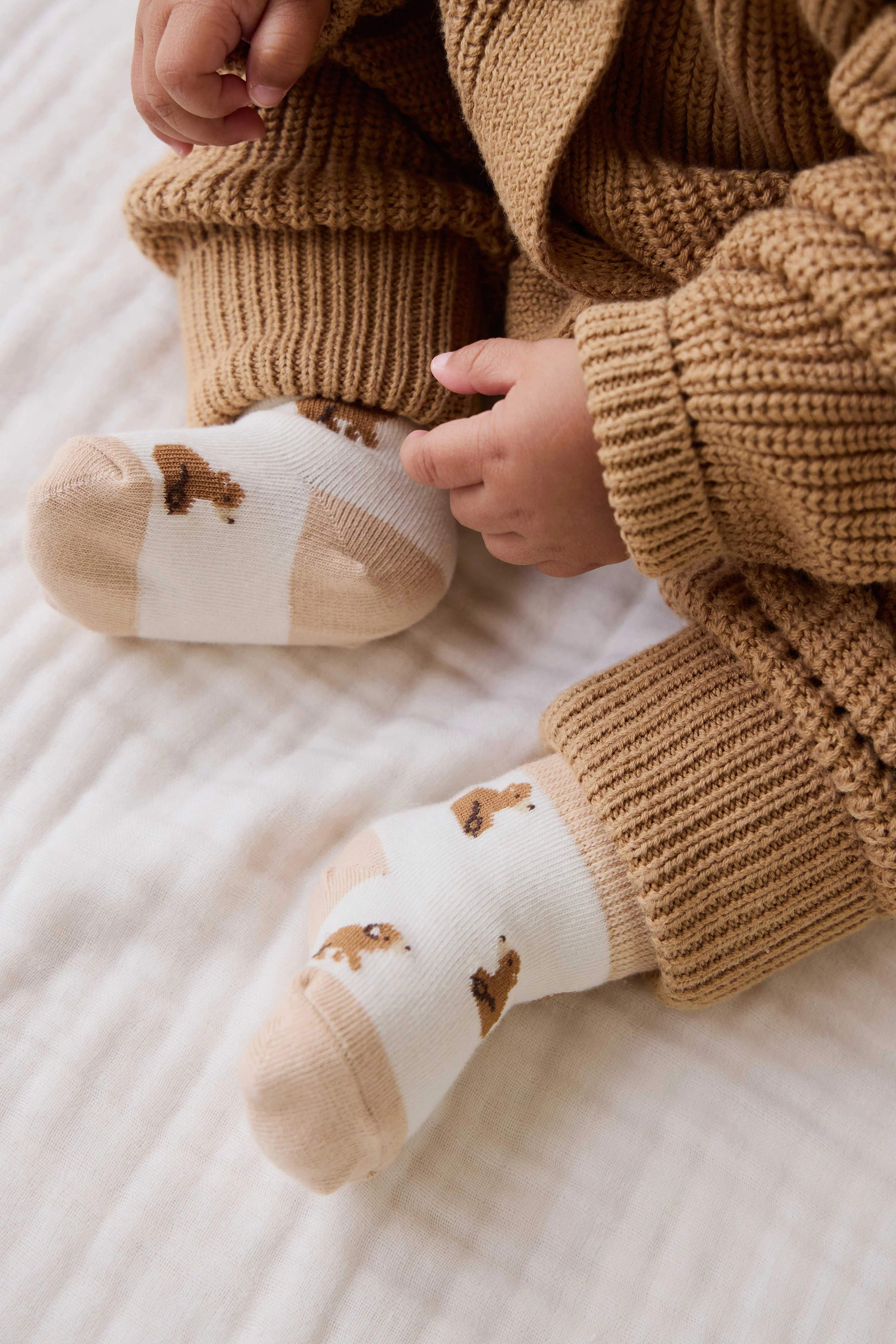 Classic Neutral Cotton Socks with Sweet Motif & Ribbed Cuff