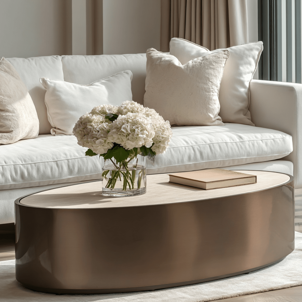 Bronze Oval Coffee Table with Beige Faux Marble Top