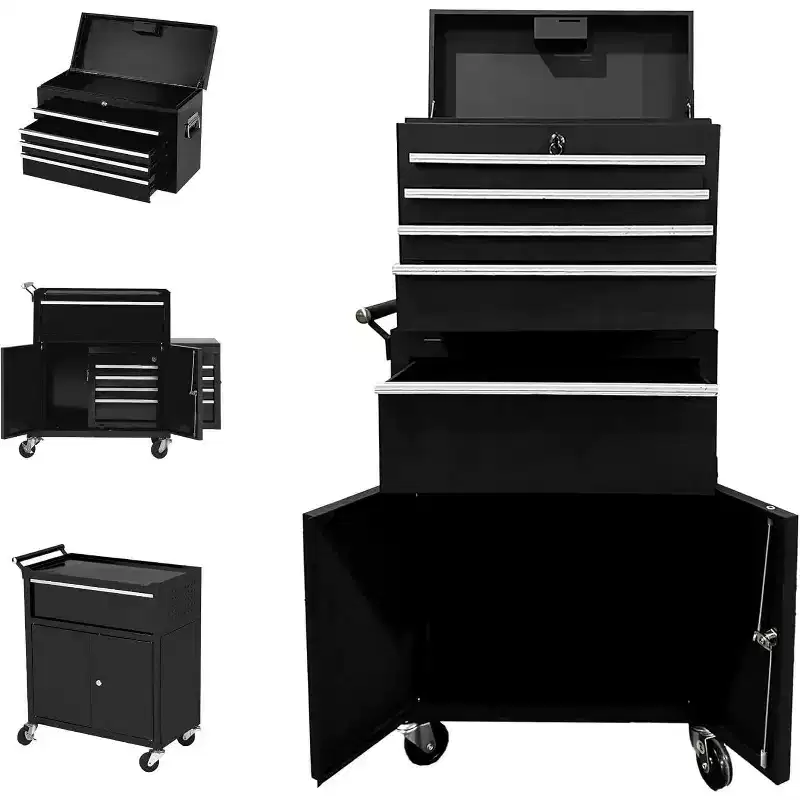 5-Drawer Rolling Tool Chest, Heavy Duty Steel Tool Box with Locking Wheels & Auto-Lock Drawers, Detachable Top Storage Cabinet for Garage & Workshop