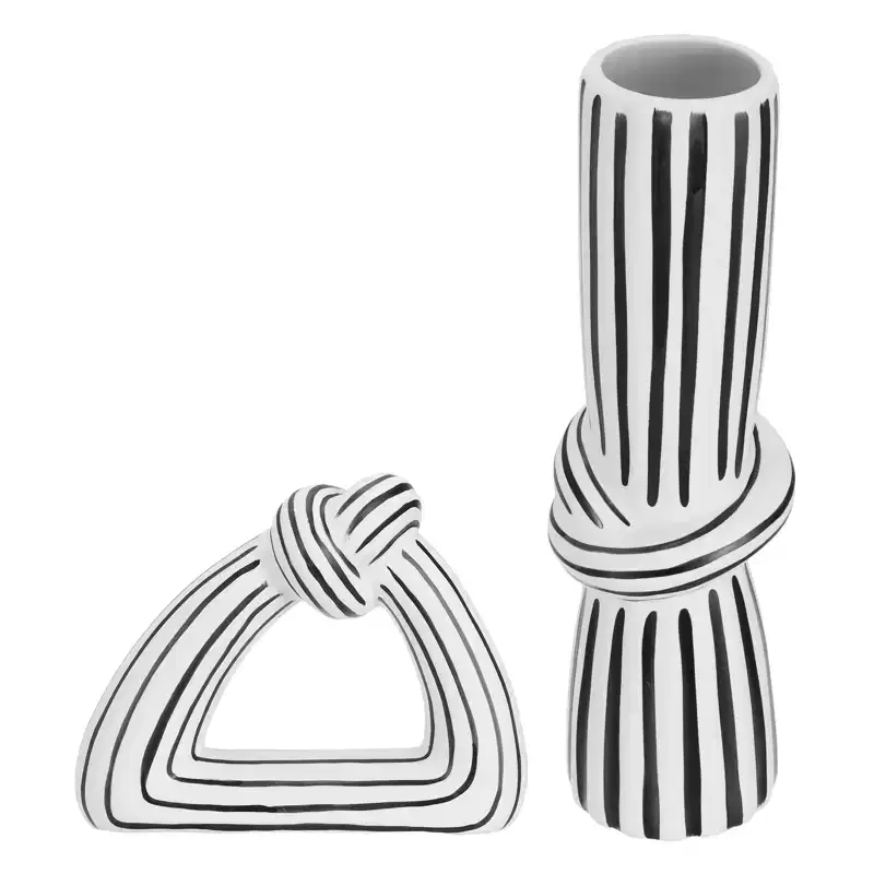 Unique Bargains Ceramic Office Home Decorative Striped Knot Vase and Ornament Set Black and White