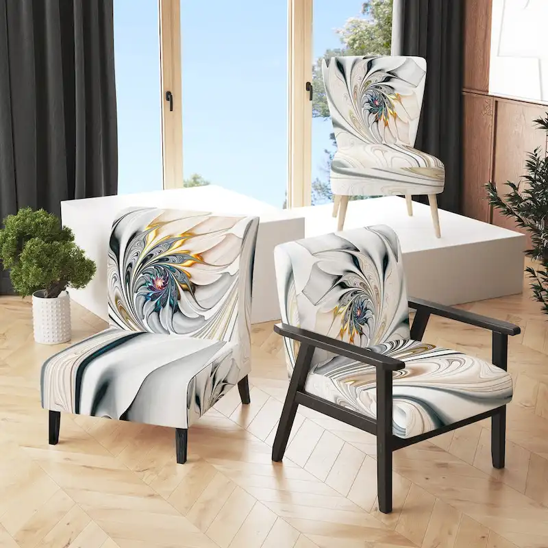 White Stained Glass Floral Upholstered Accent Chair &ndash; Rubberwood Frame