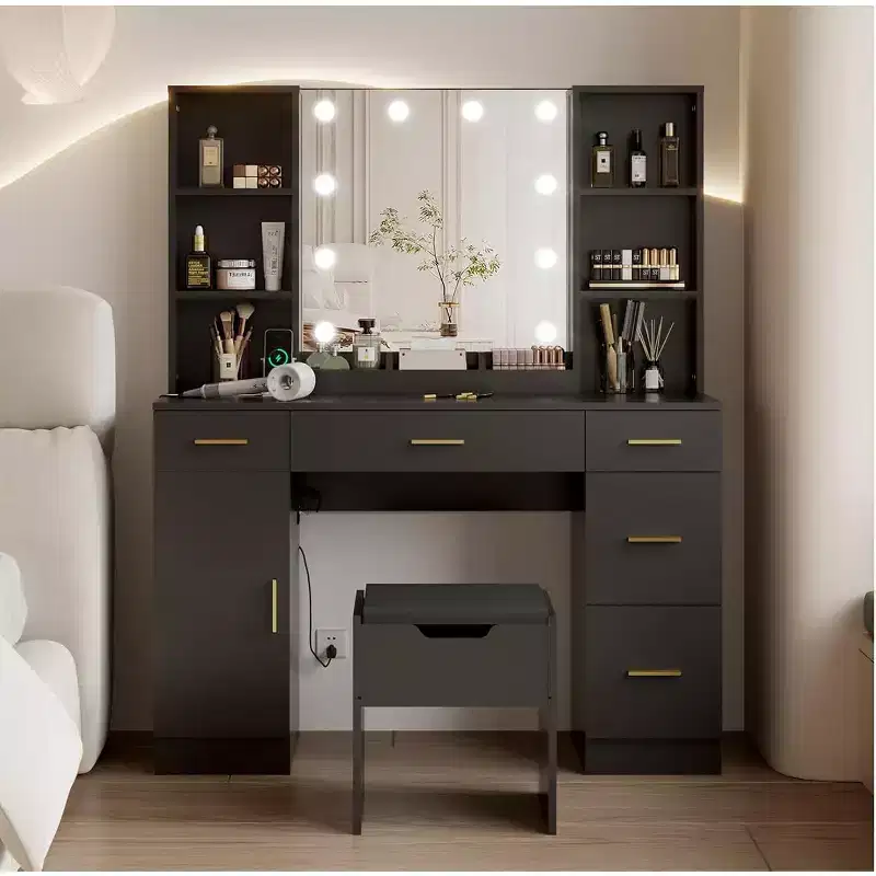 Vanity Desk with LED Mirror, 5 Drawers and 6 Open Shelves, Adjustable Lighting, Dressing Table