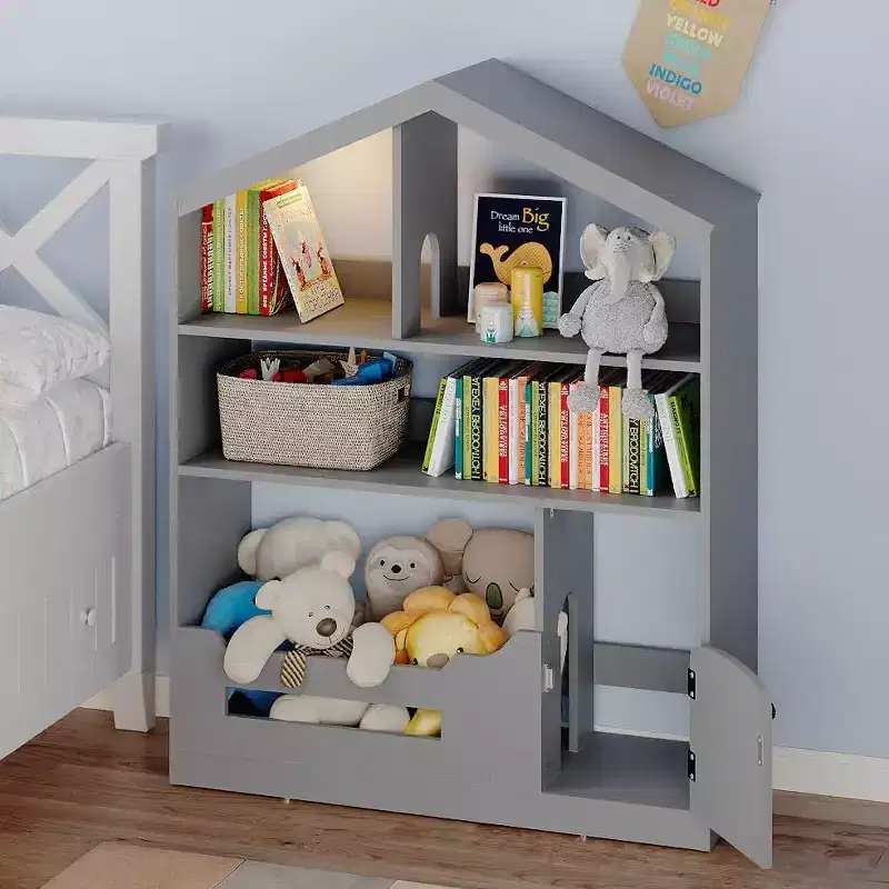 36.6 Wide Wooden Bookcase and Toy Storage with Toy Storage, Anti-Tip Device and Motion Sensor Light for Nursery, Playroom & Bedroom