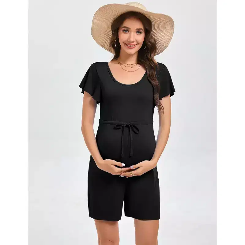 Coolmee Women's Maternity Romper Solid Crew Neck Flutter Short Sleeve Rompers Drawstring Waist Bodysuit Short Pants Maternity Clothes XL Black