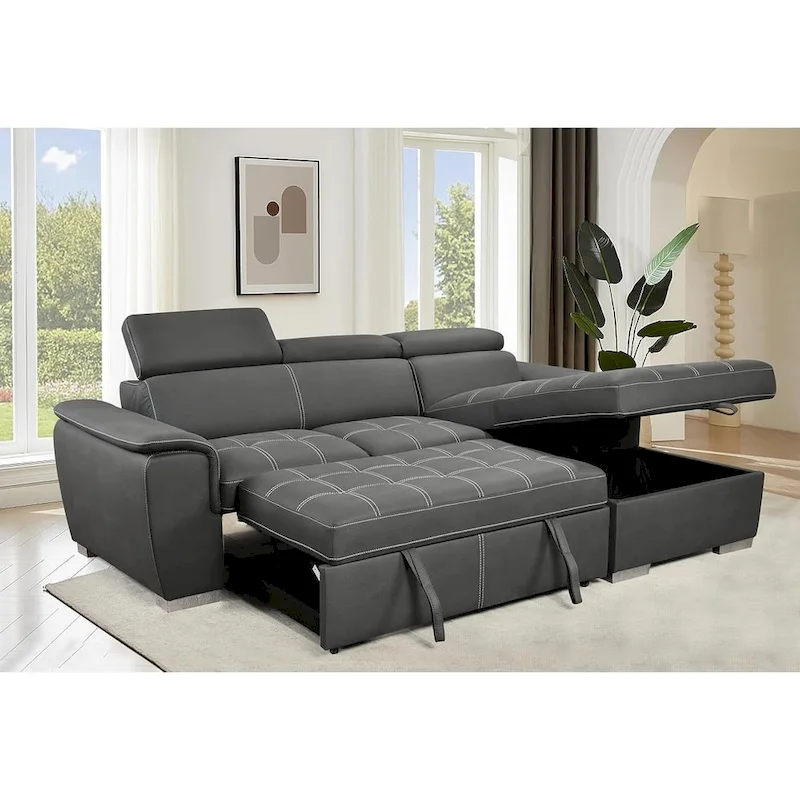 97" L-Shaped Convertible Sectional Sofa with Storage Chaise & Adjustable Headrests