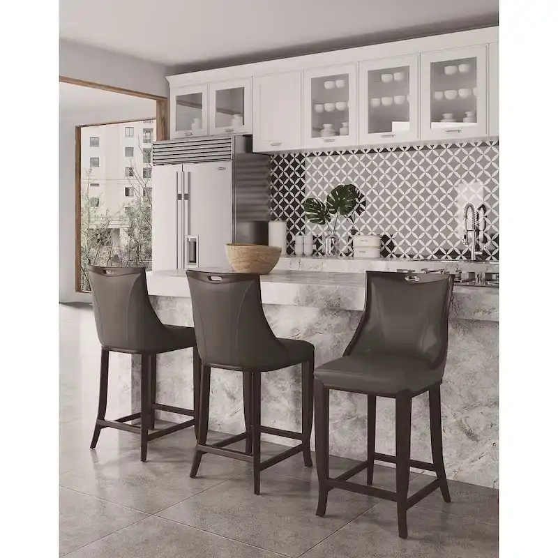 Walnut Finish Bar Stool with Back, Set of 3 (Pearl White / Bronze / Cream / Pebble Grey / Light Grey)