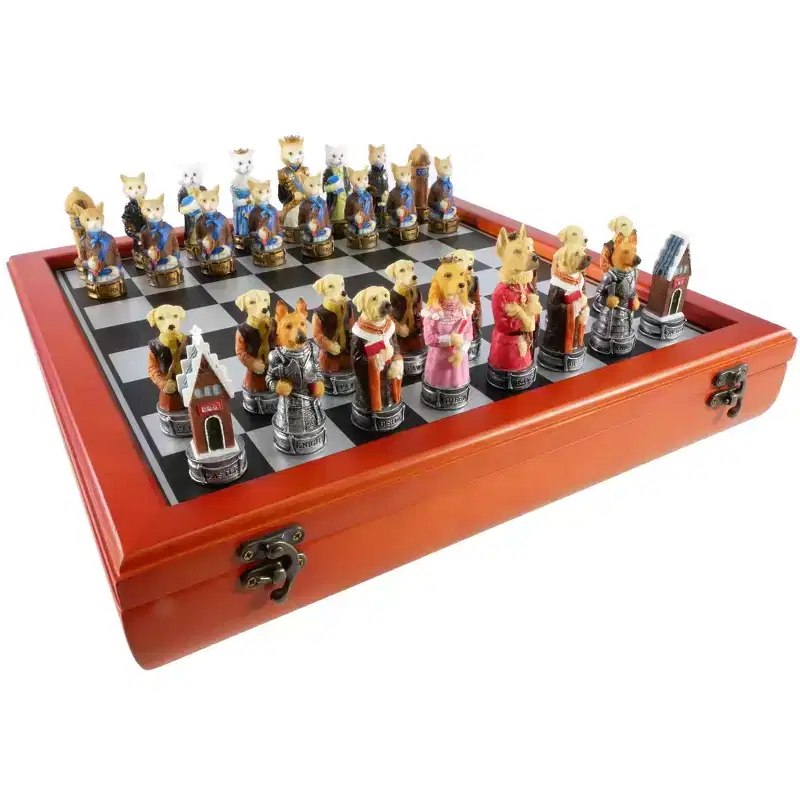 WorldWise Imports Chess Set - Cats & Dogs Resin Men on Cherry Stained Chest