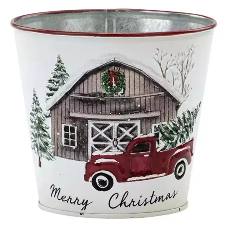 Napco Merry Christmas Rustic Farmhouse Metal Pot Cover - Vintage Red Truck & Barn Holiday Plante 6.25 Inch Tall Decorative Galvanized Tin Bucket for