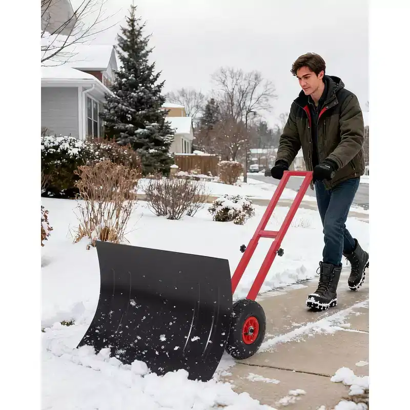 Snow Shovel with 29.13x19.8 in Wide Blade, Heavy Duty Rolling Snow Pusher Shovel with Adjustable Handle and 5-Position Angled Blade for Driveway