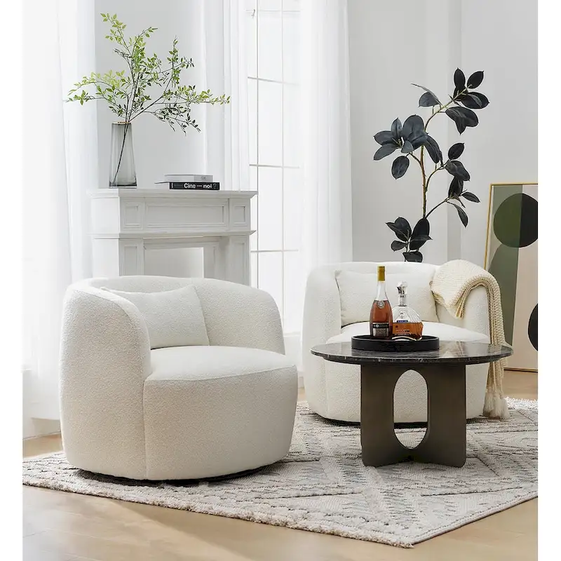 34" Boucle Fabric Upholstered 360&deg; Swivel Armchair with Lumbar Pillow
