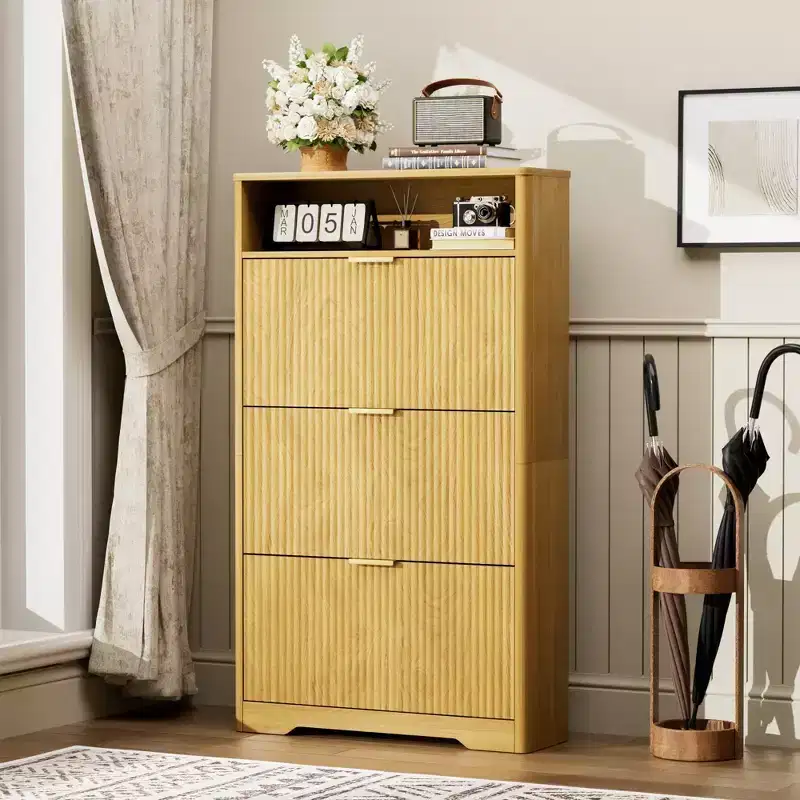 Tall Shoe Cabinet with Flip Drawers, Hidden Entryway Organizer, Free Standing