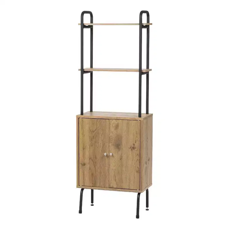 IRIS Storage Cabinet with Doors and Shelves: MDF Composite & Metal, 3 Open Shelves, Decorative Wall Shelf Set, Black/Brown