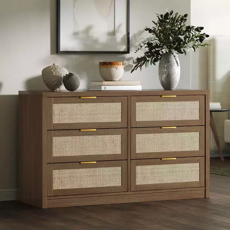 53" Rattan Dresser for Bedroom, 6-Drawer Boho Chest of Drawers, Large Wooden Storage Cabinet & TV Stand with Metal Handles