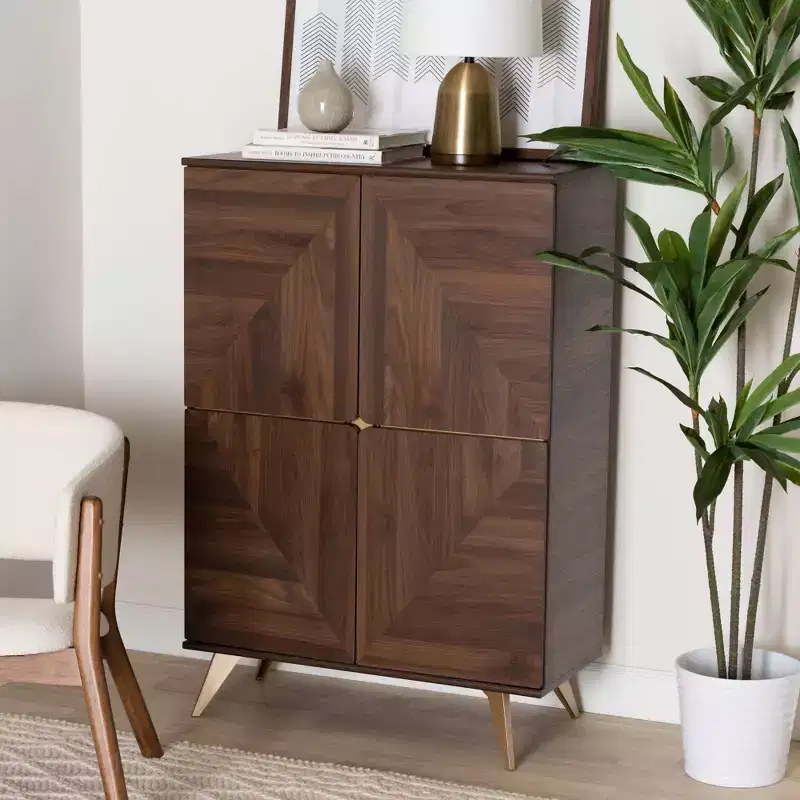 Graceland Wood Shoe Cabinet Walnut Brown/Gold: Mid-Century Design, 6 Shelves, Organizes 18 Pairs