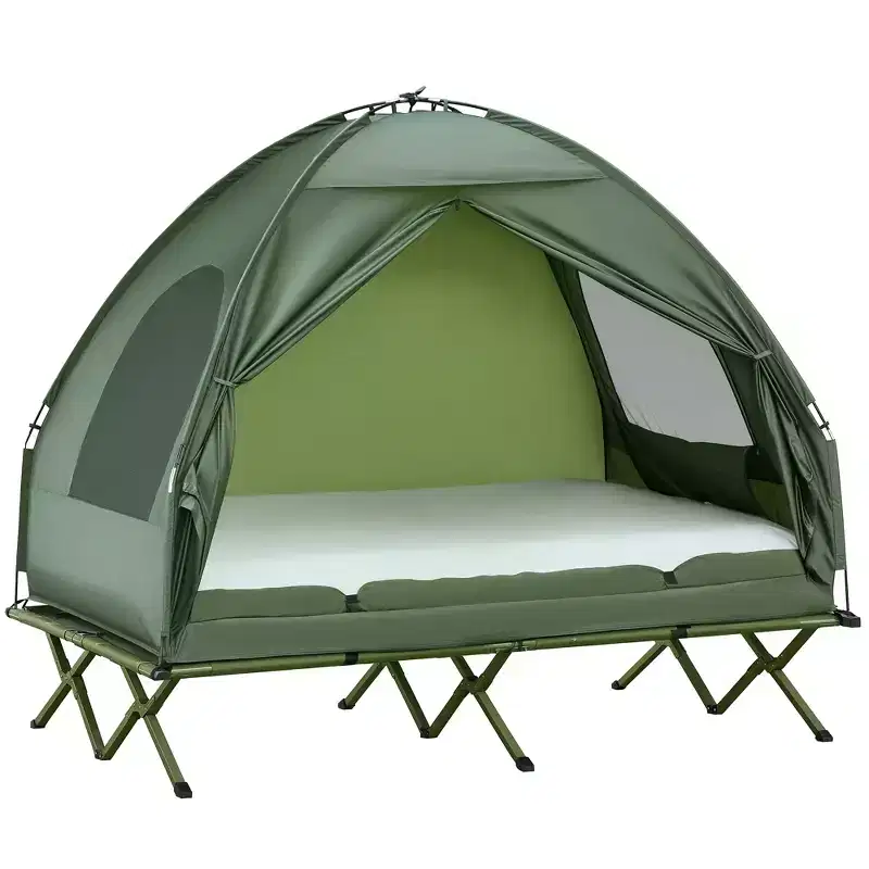 Outsunny 2 Person Foldable Camping Cot, Portable Outdoor with Sleeping Bag & Thick Air Mattress, Multifunctional Elevated Camping Bed Tent for 2