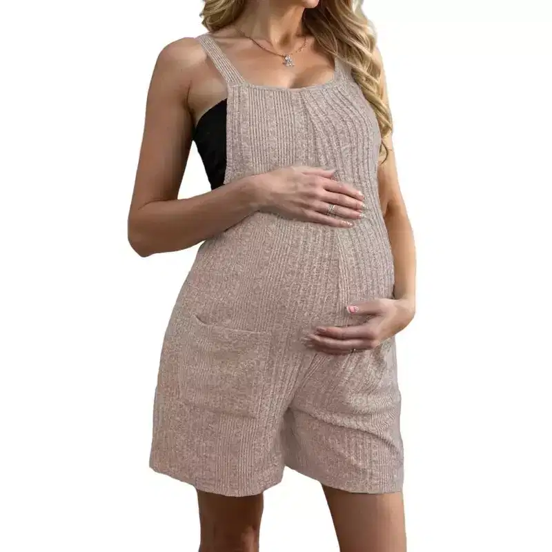 Coolmee Women's Maternity Overalls Shorts Ribbed Knit Solid Pregnancy Casual Sleeveless Jumpsuits Romper for Pregnancy with Pockets L Khaki
