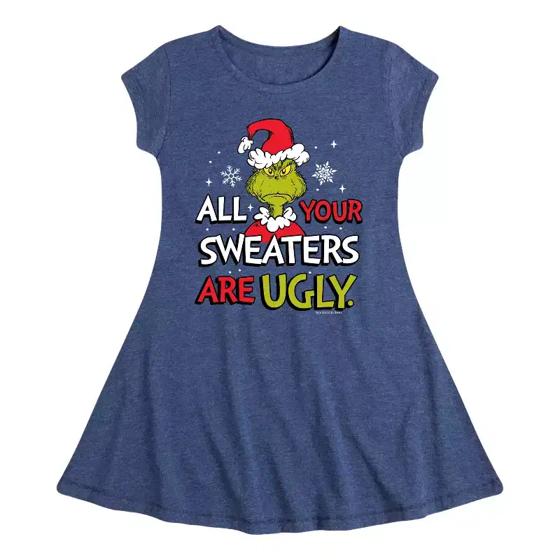Girls' - The Grinch - Fit & Flair Cap Sleeve Graphic Dress