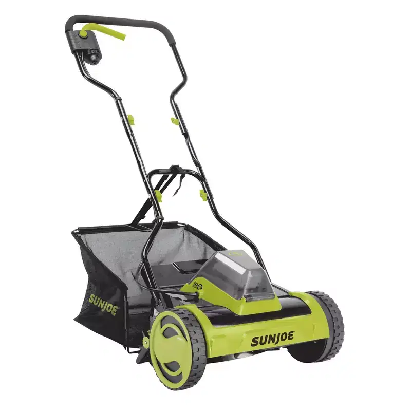 Sun Joe Cordless Push Reel Lawn Mower, 15 Yard Trimmer w/ 11.9-Gal Bag, 24V, Black/Green - Heavy-Duty Gardening Machine and Equipment for Grass,
