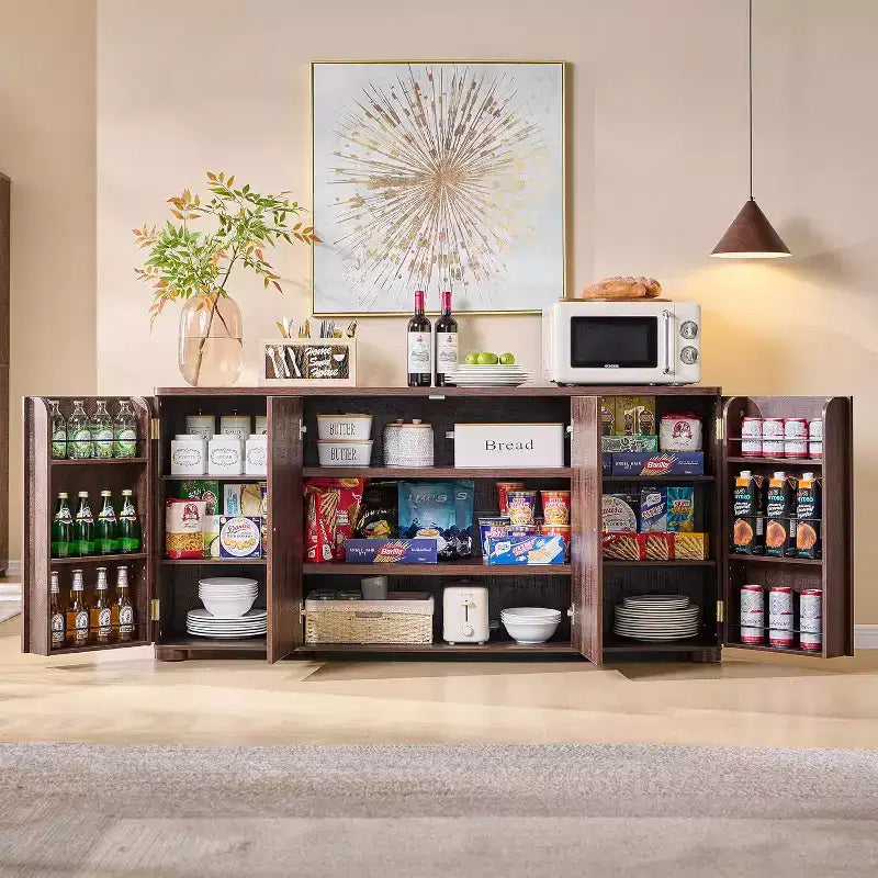 Kitchen Buffet Sideboard Cabinet with 4 Doors and Shelves, Modern Large Sideboard Buffet Storage Cabinet, 66 Coffee Bar Storage Cabinet