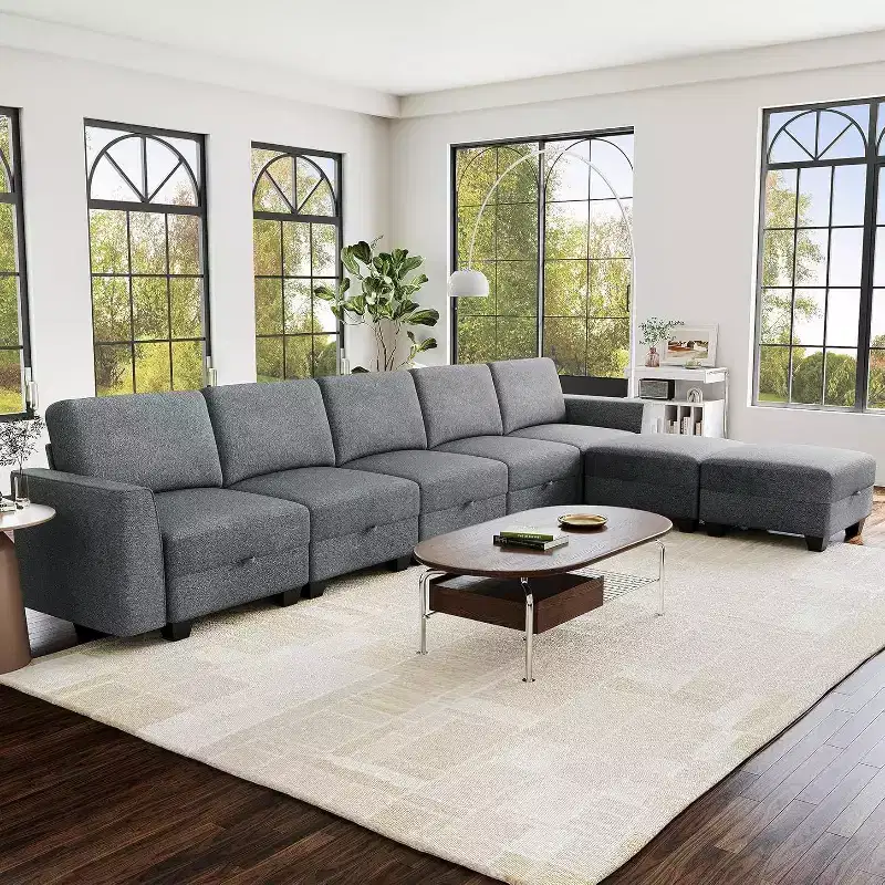 140 Large U Shaped Sectional Couch with Ottoman Chaise, Convertible Modular Sectional Sofa with Ottomans with 7 Seat for Living Room, Office - Gray